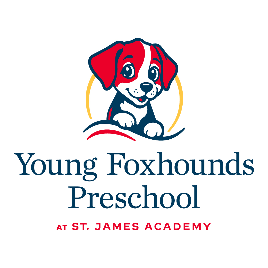 Young Foxhounds Preschool at St. James Academy logo featuring a smiling red, white, and blue puppy.